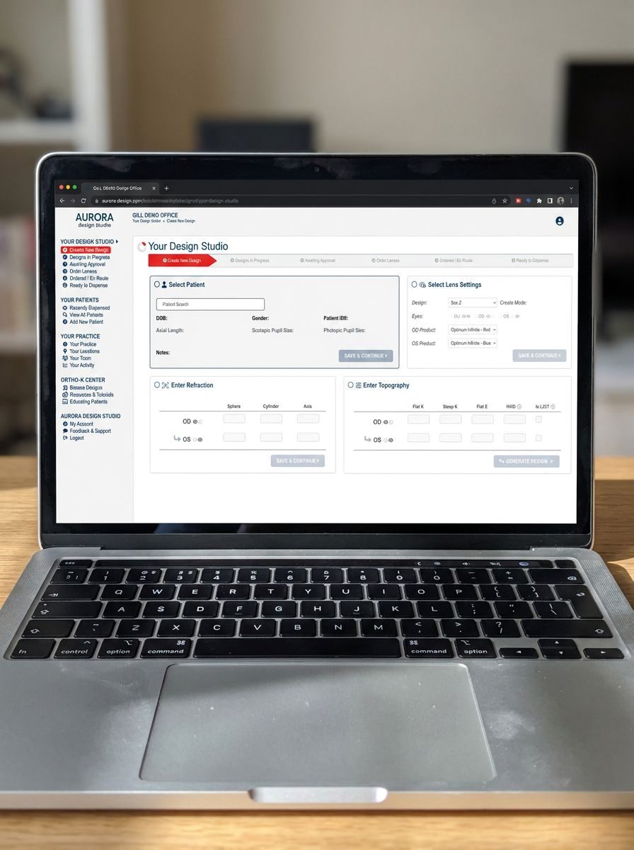 The Aurora Design Studio &lsquo;Create New Design&rsquo; workflow open on a laptop