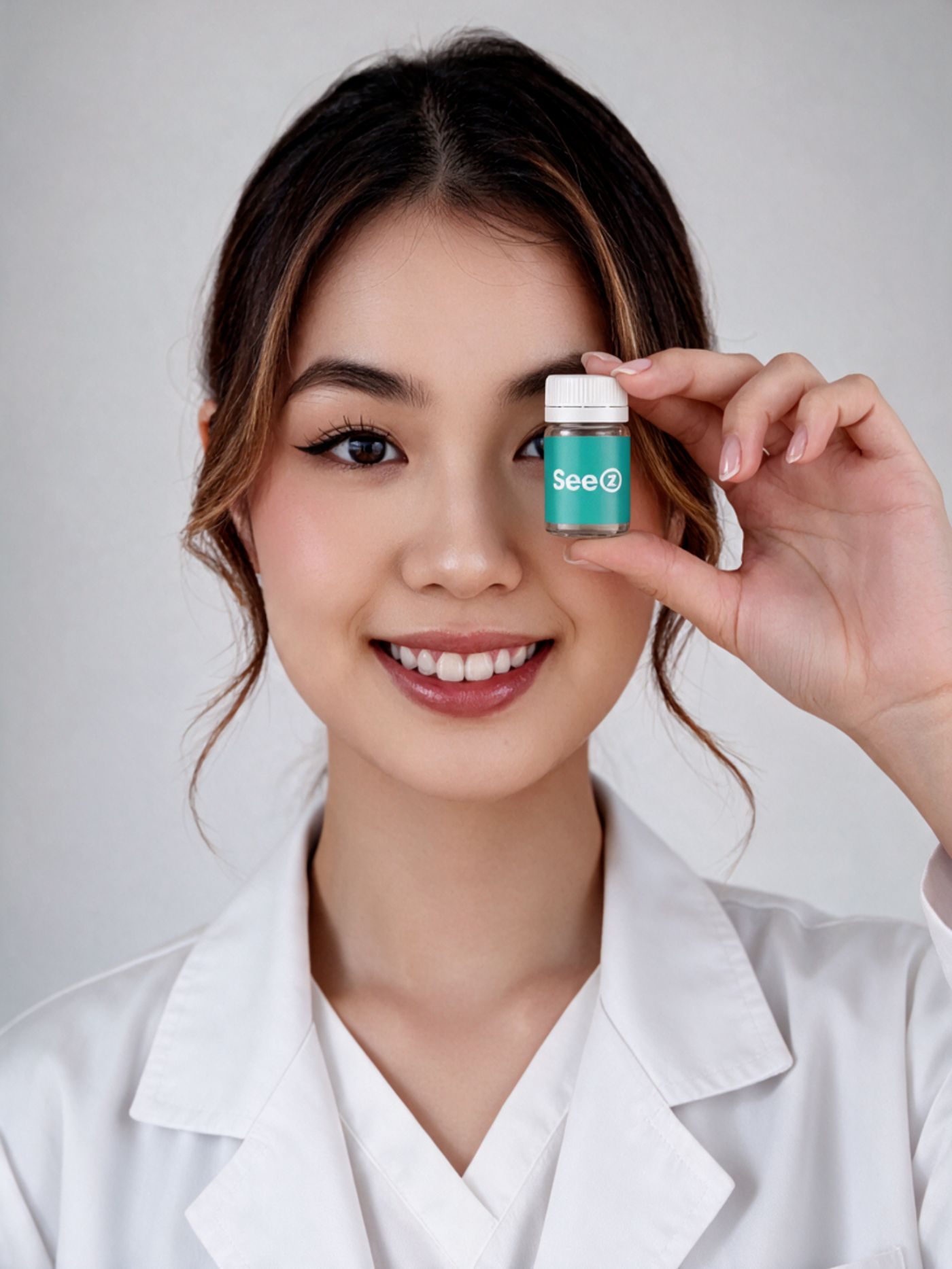 An optometrist holding a See Z ortho-k lens vial beside her eye