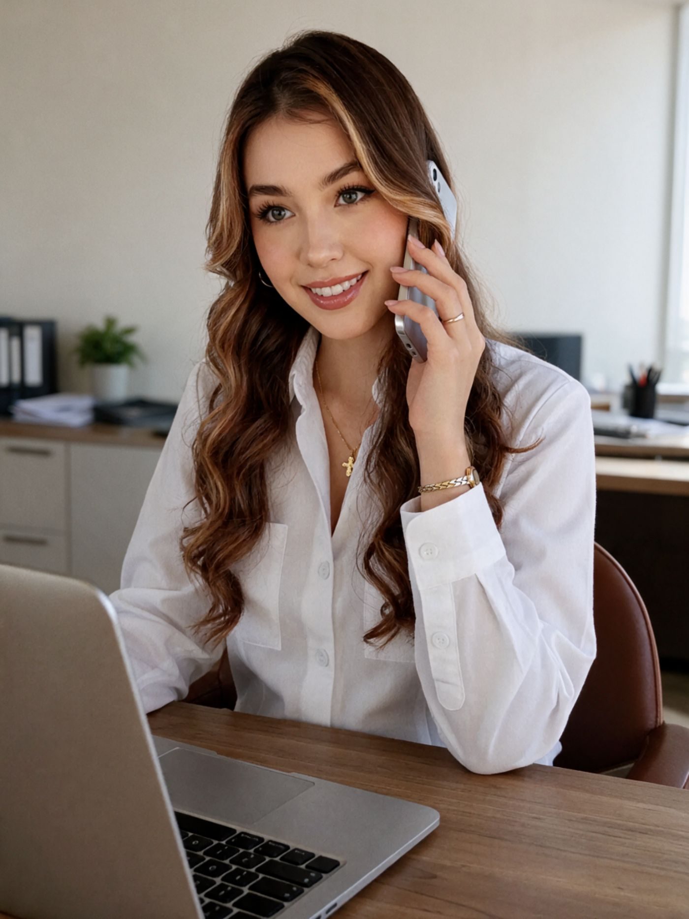 An optometrist on a lens consultation phone call at her desk